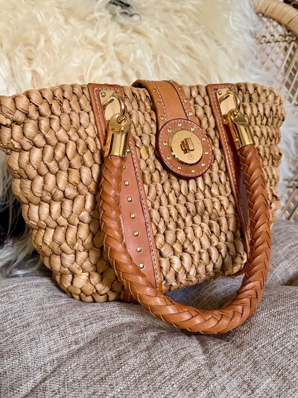 Michael Kors Santorini Straw Raffia Studded Gold Leather Trim Shoulder Bag